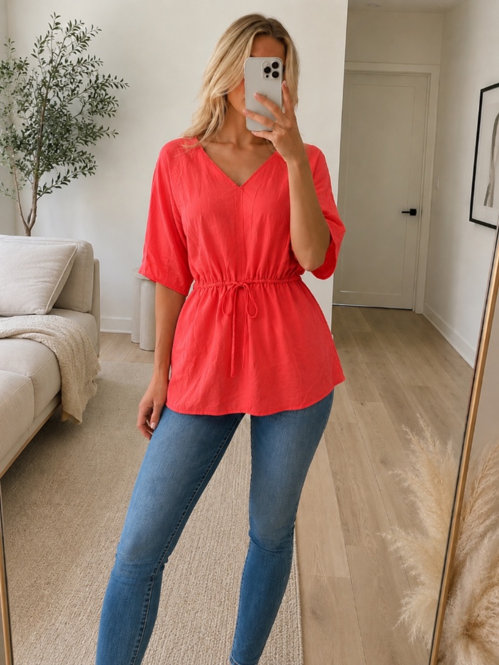 Tobi Coral Drawstring Waist Tunic Top Small NWT